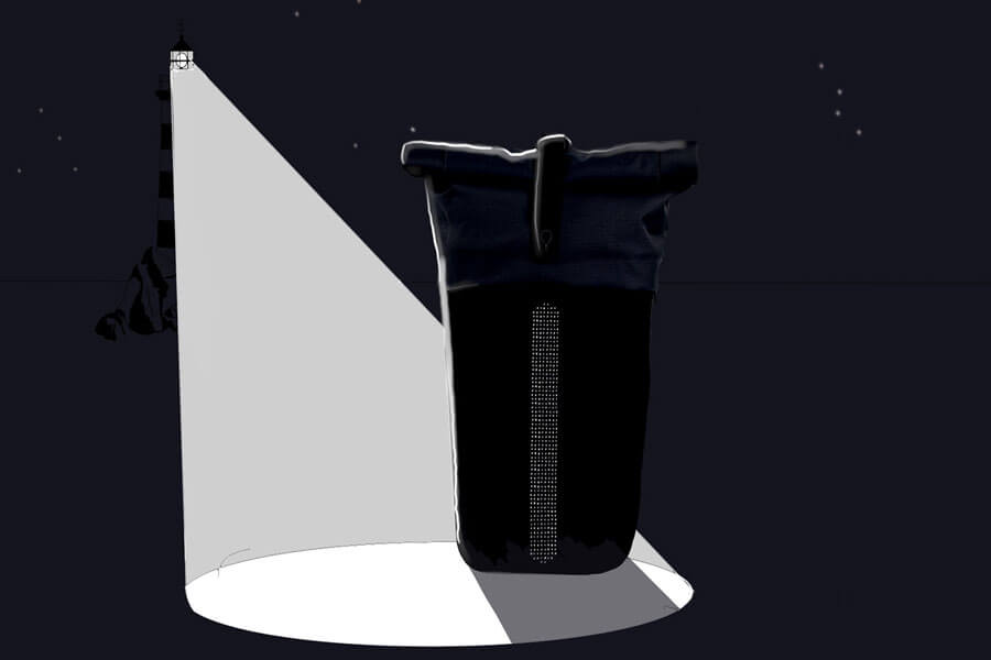 Illustration du sac à dos , éclairé par un phare école de design ; stage en studio design ; crowdfunding
