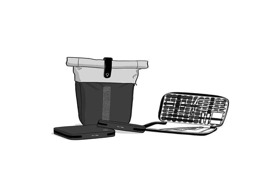 Illustration du sac à dos et de ces 3 nécessaires école de design ; stage en studio design ; crowdfunding