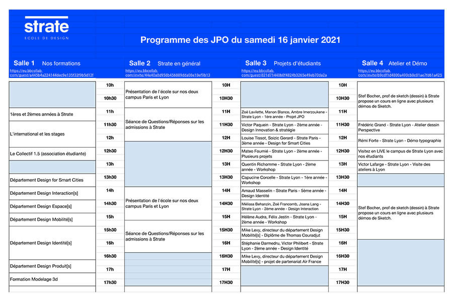 Programme de la JPO 2.0 du 16/01 ecole de design