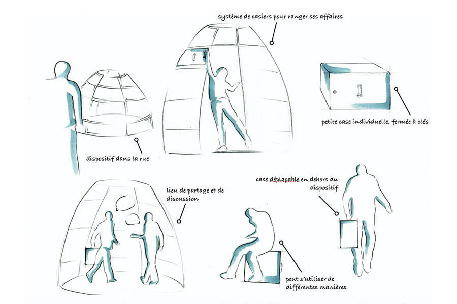Croquis du rendu final du groupe de Julie Balian école de design ; initiation design ; projet design